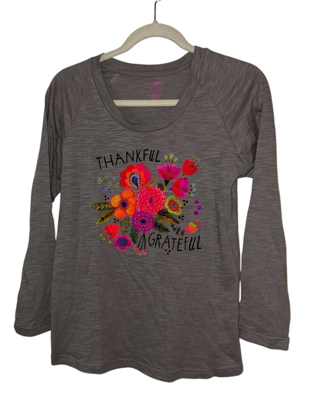 Natural life Thankful & Grateful Floral Graphic Long Sleeve Tee - Gray Sz M